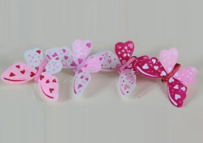 Serie 12 farfalle in piuma bicolore con clip 4 colori assortiti con cuori