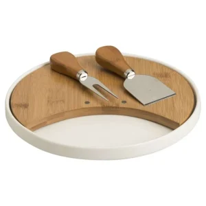 TAGLIERE FORMAGGI IN PORCELLANA E BAMBOO con 2 COLTELLI IN ACCIAIO INOX