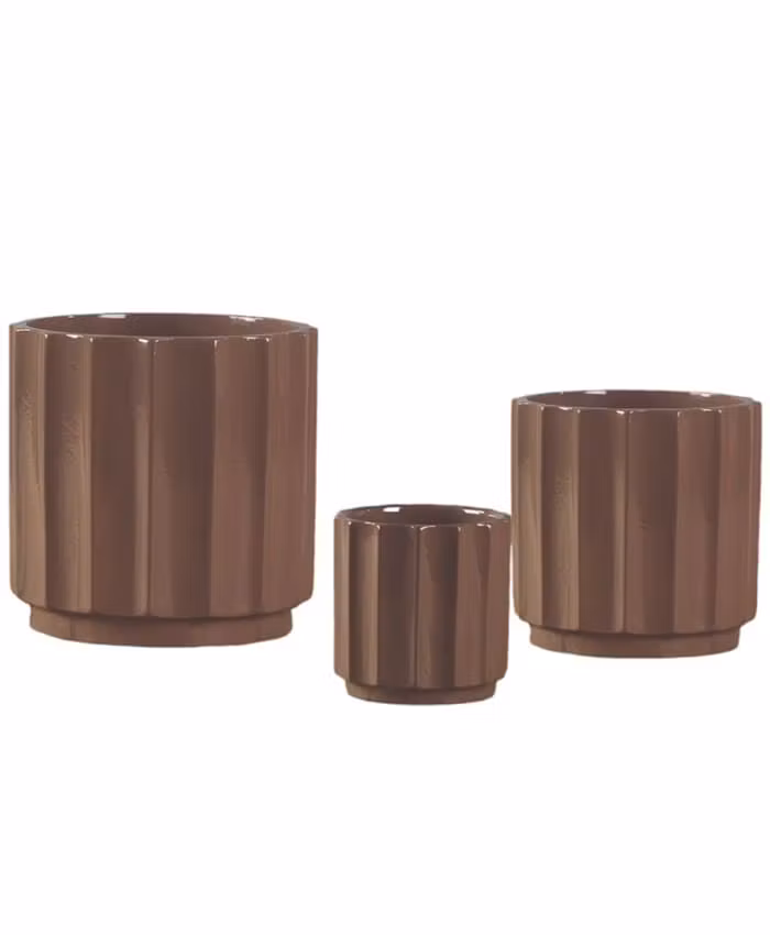 Serie 3 Vasi da interni ceramica marrone forma cilindrica scannellata cm 10-15-21