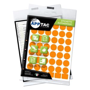 Etichette adesive AppTac: Ø 18 mm, arancione fluo, A5, (42 per foglio), cf. da 10 fg.