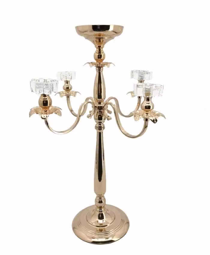 Candelabro in metallo in oro lucido e pexiglass alto 71 cm