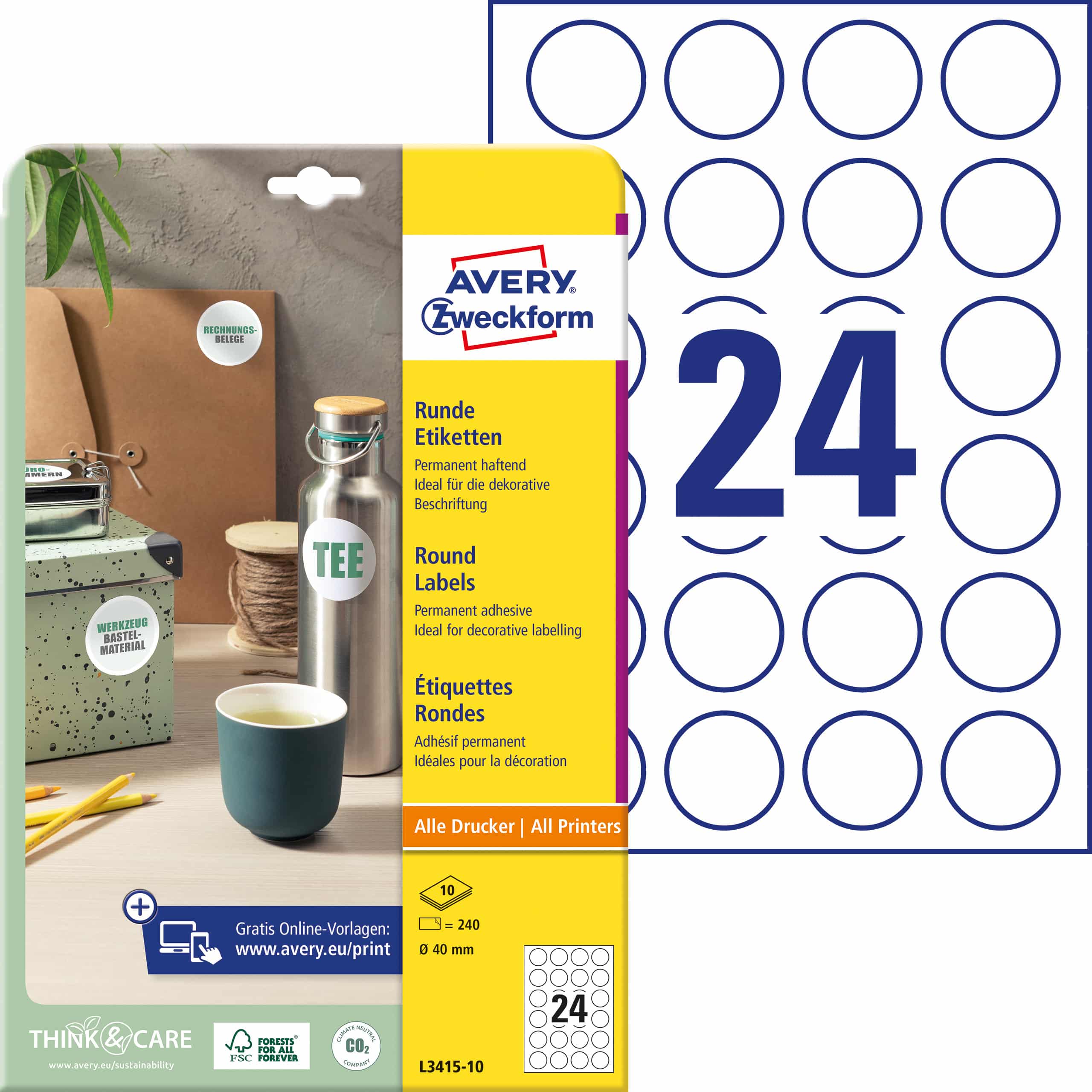 AVERY ZWECKFORM Etichette universale 40mm L3415-10 L3415-10 bianco 240pz/10 fogli - immagine 2
