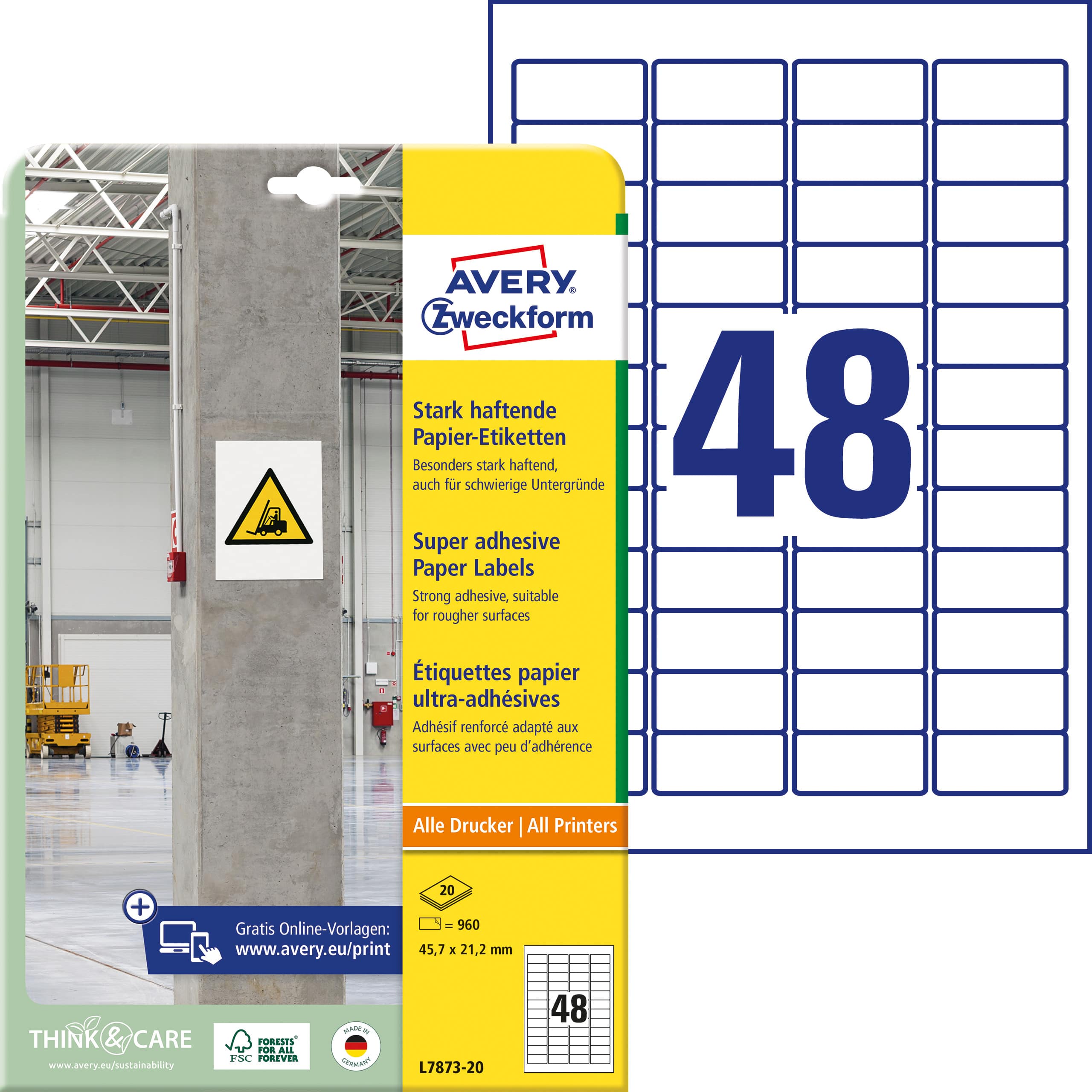 AVERY ZWECKFORM Etichette Univ. 45.7×21.2mm L7873-20 bianco, strong 20 fogli - immagine 2