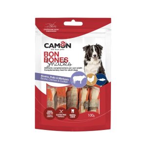 Camon Ossicini di pelle bovina con pollo e pelle di merluzzo – Snack per Cani
