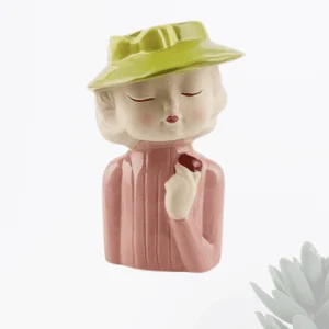 Vaso testa donna con cappello e magia rosa altezza 15 cm