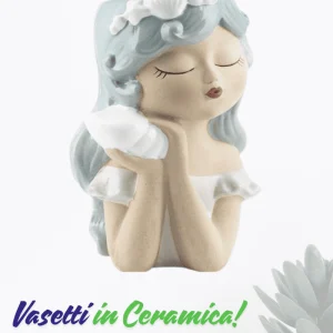 Vaso testa bimba con capelli azzurri e conchiglia altezza cm 18