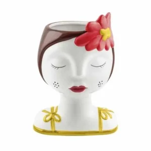 Viso donna con fiore tra i capelli castani e vestito oro alto 21 cm