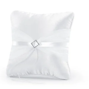 Cuscino Portafedi Raso Tulle Bianco E Decorazione In Argento (PKW8)